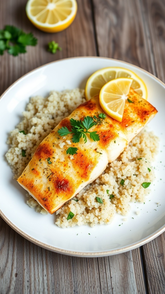 Lemon Herb Tilapia with Quinoa Seared tilapia fillet on quinoa with lemon and parsley garnish on a rustic table.